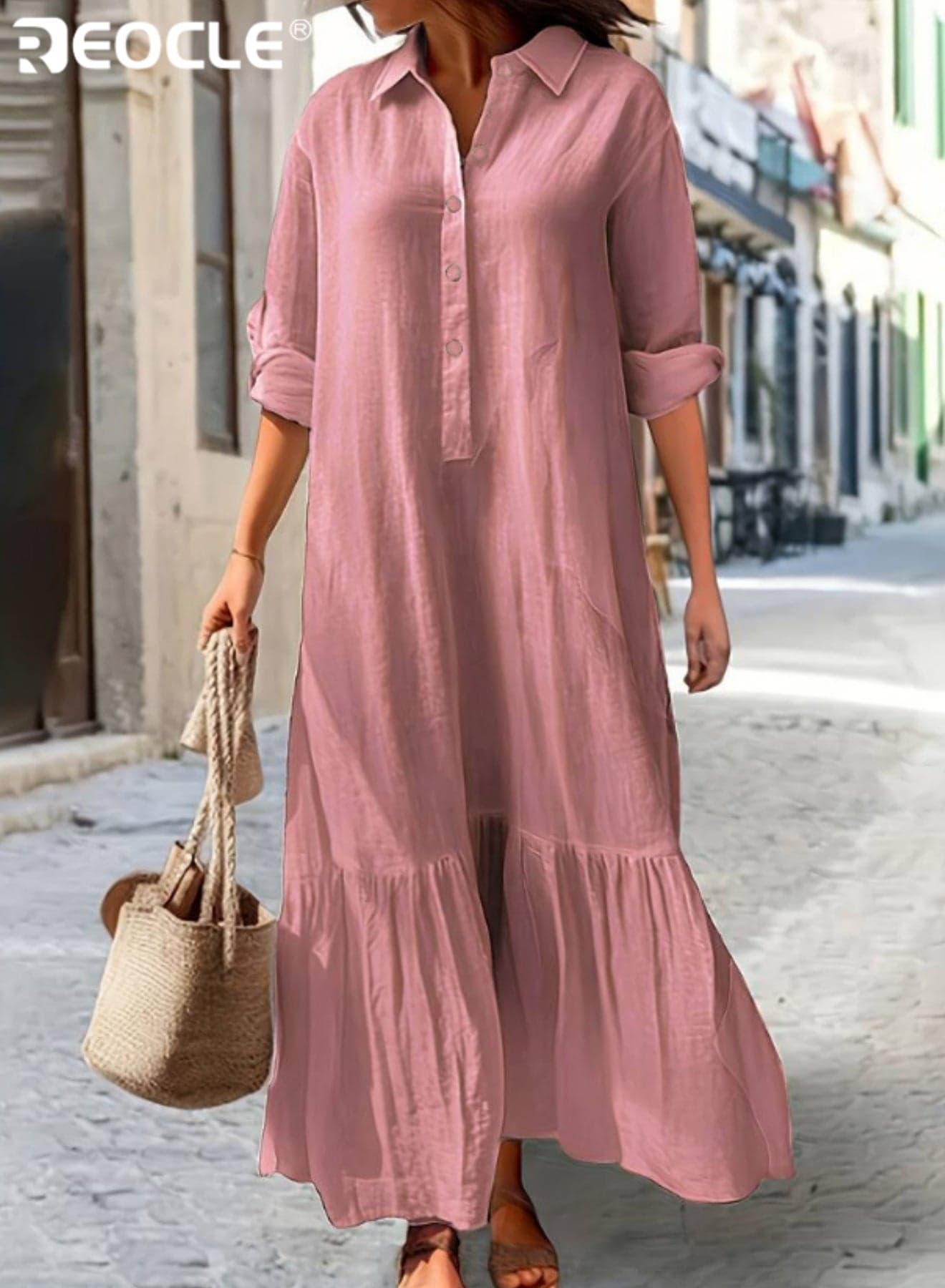 Women Button Down Dress Casual Long Sleeve Cotton Linen Dress Flowy Ruffle Shirt Dresses Loose and Comfortable Long Dress