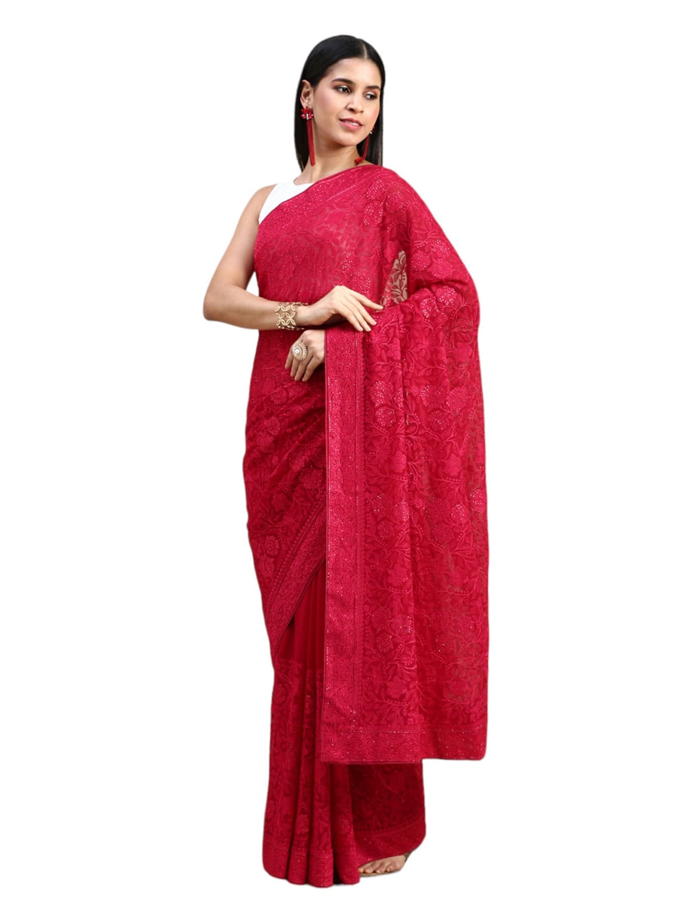 MOHEY Rani Georgette EMBROIDERY|Stone|Thread Saree for Women