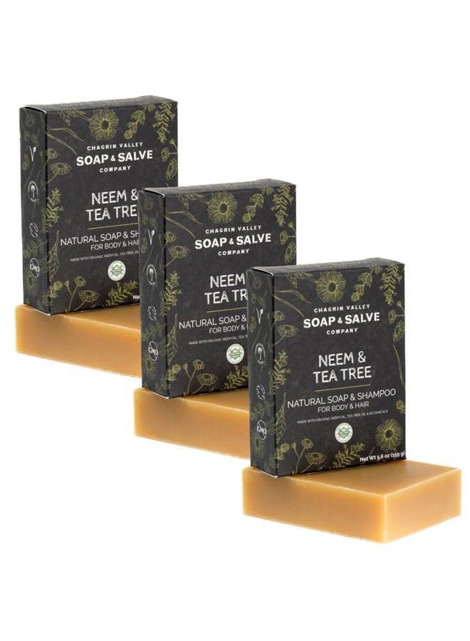 Neem & Tea Tree Organic Soap & Shampoo Bar – Soothe Dry, Itchy, Irritated Skin - Sulfate Free - For Body & Hair Vegan Shampoo Natural, Large 5.6 oz Bar - 3PK