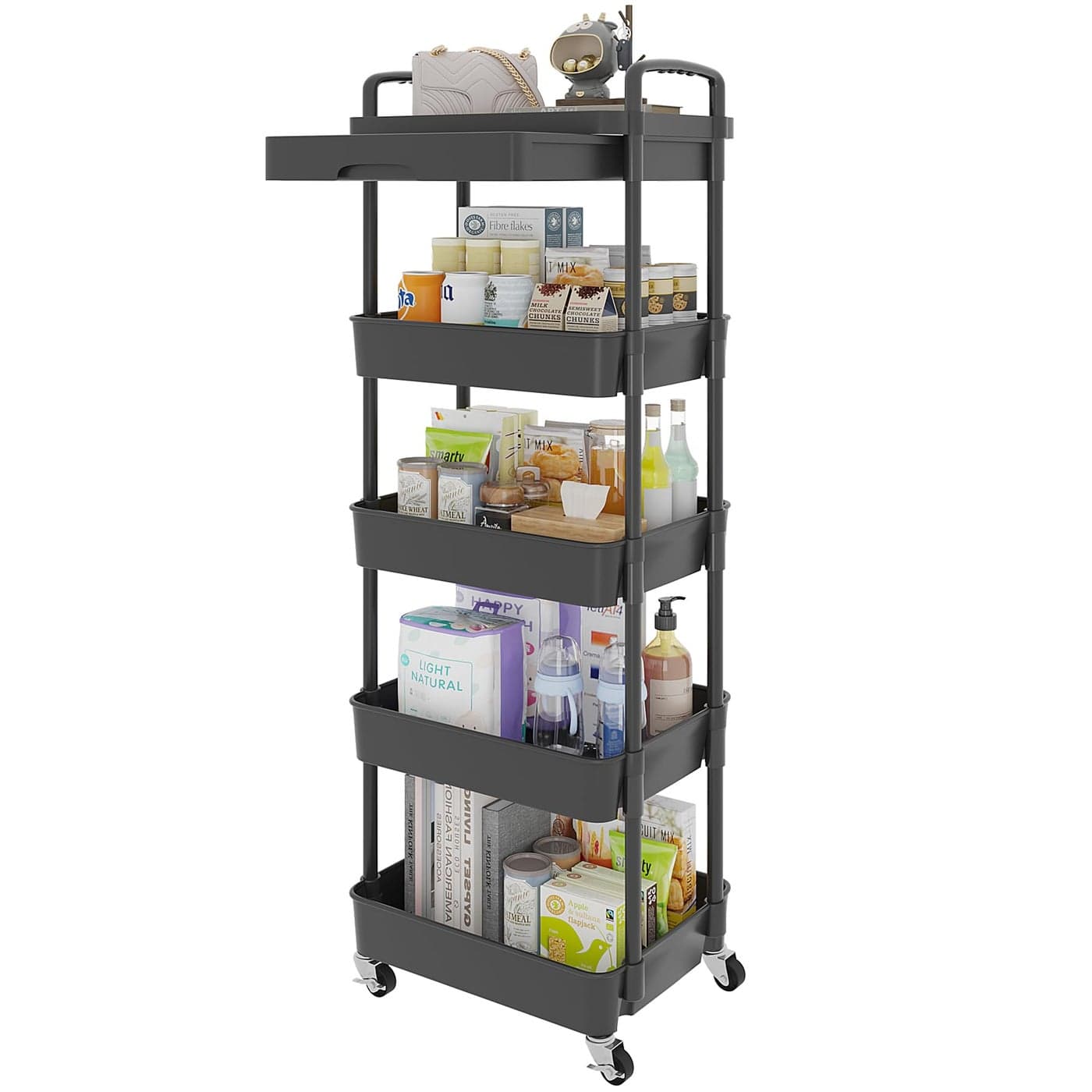 Calmootey 5Tier Rolling Utility Cart with DrawerMultifunctional Storage Organizer with Plastic Shelf Metal WheelsStorage Cart for KitchenBathroomLiving RoomOfficeBlack