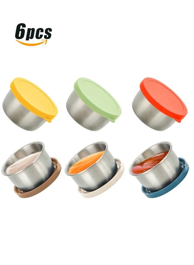 Stainless Steel Condiment Containers with Leakproof Lids, Portion Bento Box and Mini Sauce Container of Kids Lunch to Go for Snack, Dessert, Souffle, Salad Dressing (MIX, 6 Pcs)