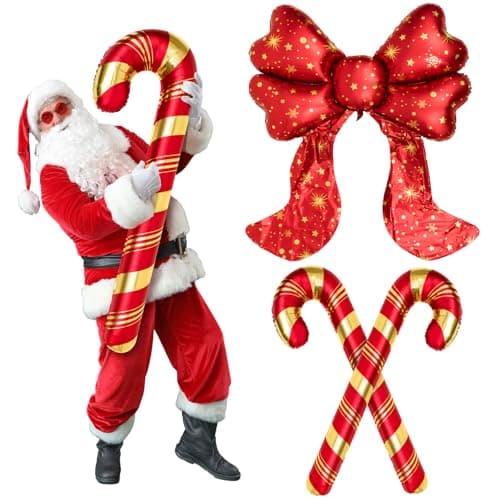 Soulchen 3 Pieces Giant Christmas Party Balloon Include 1 Pcs 57ft 685 inch Inflatables Red Bow Balloon and 2 Pcs 49 Ft 59 Inch Candy Cane Foil Balloons Winter Holiday Xmas Candy Party Supplies
