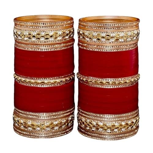 Lucky Jewellery Bridal Bangle Set Dhanteras/Diwali/Bhai Dooj Collection Wedding Punjabi chuda Designer chura CZ Stone with Kundan Stone Maroon Color choora Set for Women (990-G1C1-JM1424-M-28)