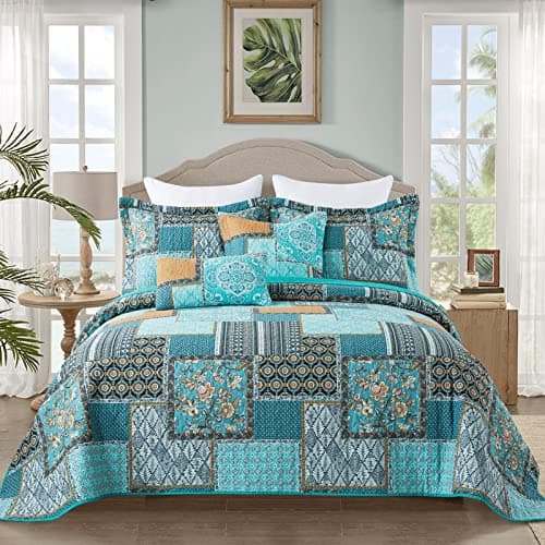 BEDIFANY Cotton California King Size Quilt for Farmhouse- Teal Oversized King Bedspread Set - Highly-Woven Soft Lightweight Coverlet for All Seasons, 3 Pieces