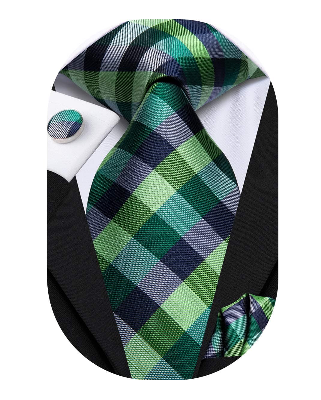 Hi-Tie Green Black Plaid 63" Extra Long Ties Set Silk Necktie Pocket Square Cufflink Set For Big Tall Men Xl Tie Wedding Business