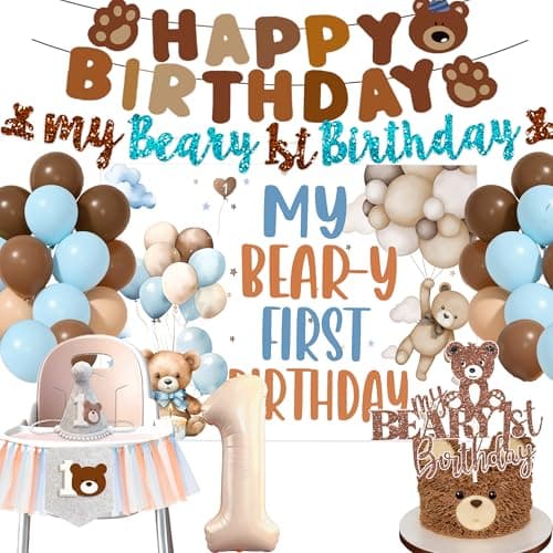 Beary First Birthday Decorations Brown Bear Birth Day Banner Backdrop High Chair Banner Cake Topper hat for Wild One Woodland Bear First Birthday Party Supplies