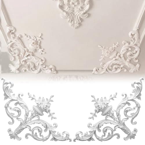 Colingmill 2 Pcs Ceiling Molding Kit Corners Murals Trim French Style Accent Wall Decor for Interior Medallion Ceiling with Flowers Pattern Decorative Panels for Wall (13.4 x 13.4 in,Stylish)
