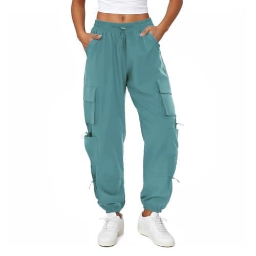 COPYLEAF Womens Parachute Cargo Pants with Pockets Quick Dry Hiking Pants Lightweight WaterResistant Baggy JoggersLake Blue XL