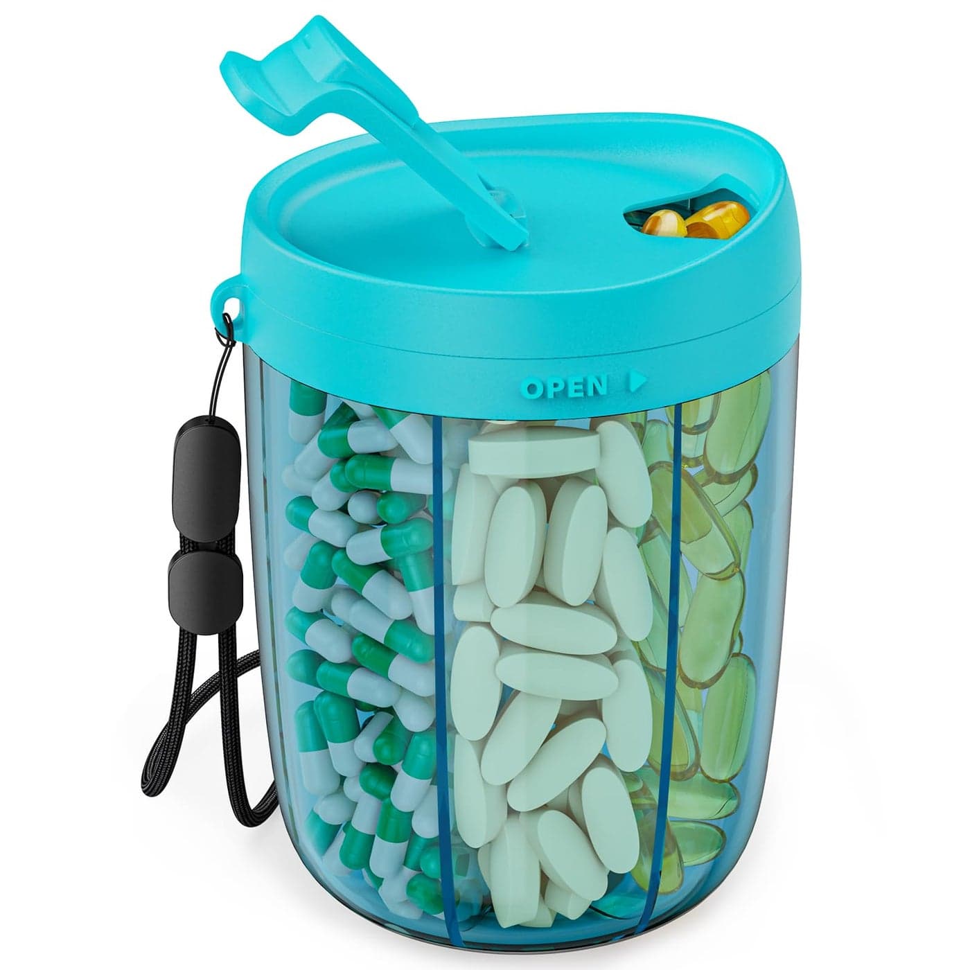 PULIV Large Pill Bottle Organizer Supplement Organizer for Holding 6 Various Vitamins Pill Box Case with AntiMixing Wide Opening Design Easy to Retrieve Meds and 20 Pcs Stickon Labels Blue