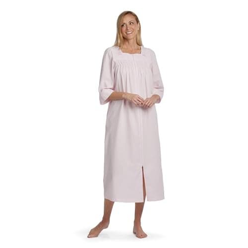 Miss Elaine Women's Long Seersucker Robe, Front Zipper, 3/4 Sleeves, Two Insert Pockets (Small, L. Pink)