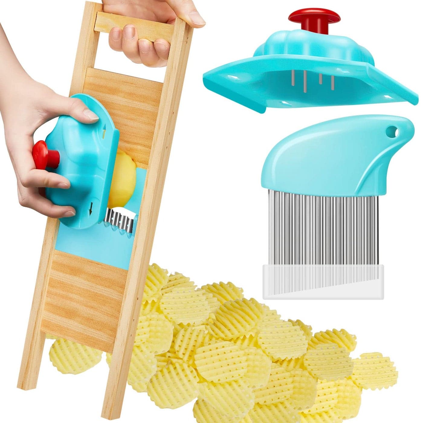 Lanties 3 Pcs Waffle Potato Lattice Cutter Crinkle Maker with Protective Cover Food Safety Holder French Fry Cutter Slicer Stainless Steel Wavy Chopper for Kitchen Food Vegetable French Fries Home