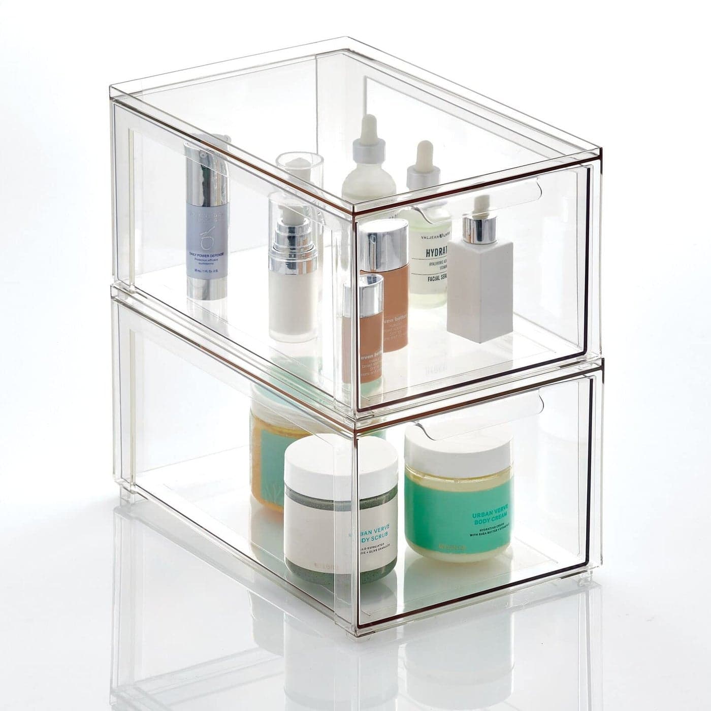 mDesign Plastic Stackable Bathroom Storage with Pull Out Bin Organizer Drawer for Cabinet Vanity Shelf Cupboard Cabinet or Closet Organization Lumiere Collection 2 Pack Clear