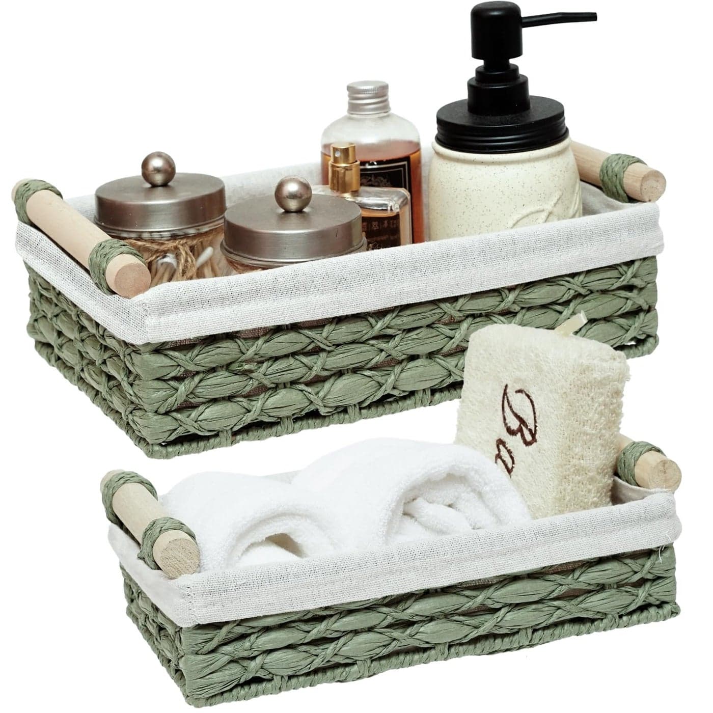 DUOER Storage Basket Wicker Baskets for Organizing with Handle Decorative Storage Bins for Countertop Toilet Paper Storage Basket for Toilet Tank Top Small Baskets Set Set of 2Green