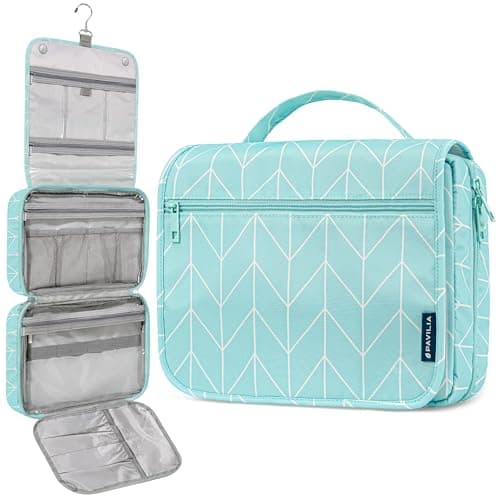 PAVILIA Hanging Toiletry Bag for Women Men Large Travel Organizer with 5 Compartments Swivel Hook Dopp Kit Foldable WaterResistant Makeup Cosmetic Bag for Full Size Bottles Teal Chevron