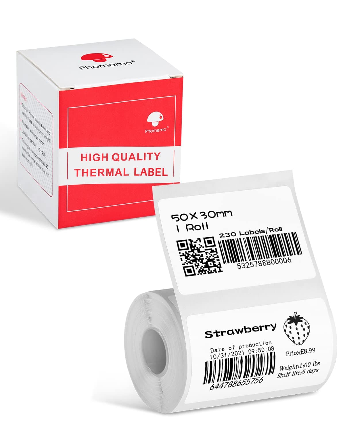 Phomemo Thermal Sticker Label Paper for M120/M110/M220/M250/M150 Label Maker Machine, Multi-Purpose Self-Adhesive Tag 1.96'' x 1.18"(50X 30mm), 230 Labels/Roll,Black on White