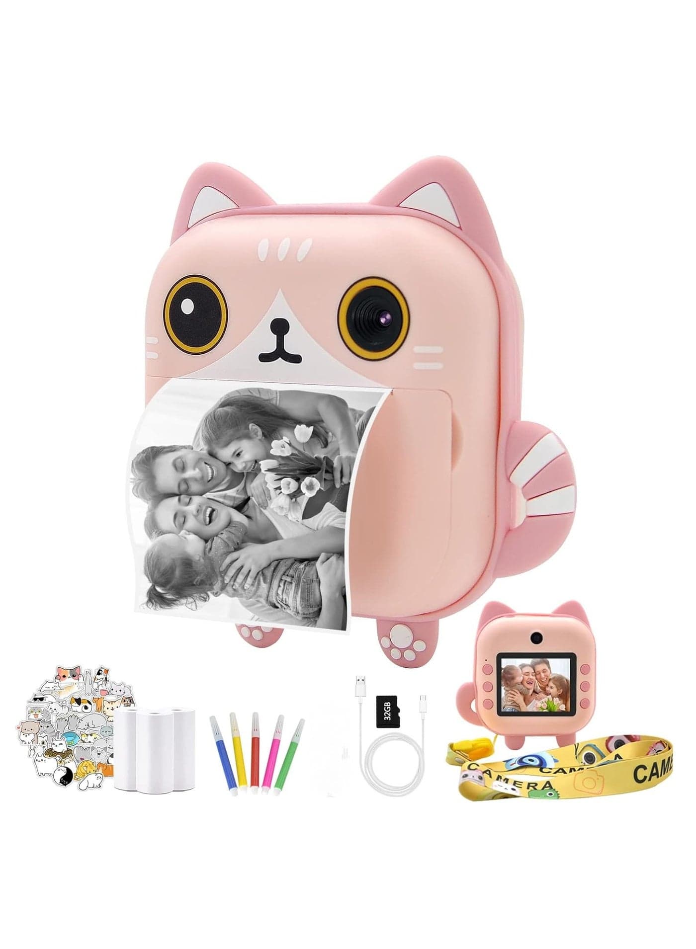 48MP Children's Camera, Instant Print Cat-shape Camera, 2.4-inch Screen Dual Lens 1080P HD Video Camera Comes with 32GB TF Card, as Gifts for Kid from 3 to 14 Years (Pink)