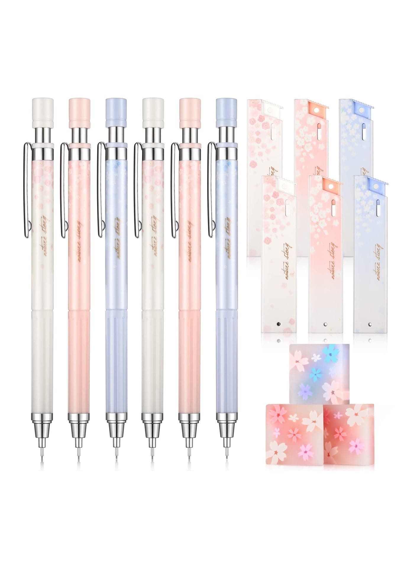 15 Pcs Cherry Mechanical Pencil Set Include 6 Pcs Kawaii Automatic Drafting Pencil with 6 Tubes Pencil Refill and 3 Pcs Cherry Erasers for Sketching Architecture Drawing