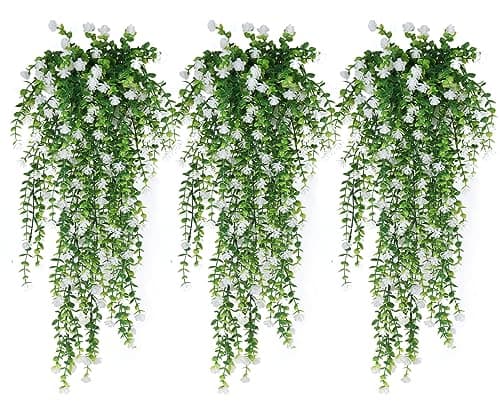 RECUTMS Artificial Hanging Plants Fake Hanging Plant Faux Eucalyptus Leaf Greenery Vine Outdoor UV Resistant Plastic Plants Home Garden Wedding Party Indoor Outdoor DecorationsWhite