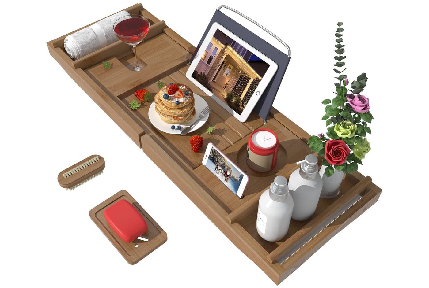 Bath Caddy Tray for Bathtub Bamboo Adjustable Organizer Tray for Bathroom with Free Soap Dish Suitable for Luxury Spa or ReadingWalnut