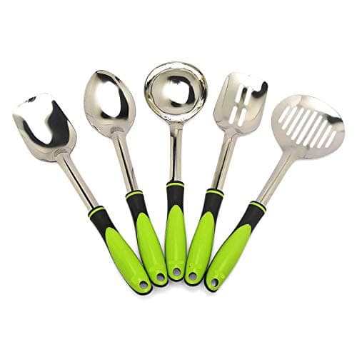 Denique Stainless Steel Cooking Utensil Set Serving Spoons with Plastics Handle Set of 5 Kitchen Tool (Contains: Slotted Turner, Ladle, Skimmer, Serving Big Spoon, Flex Turner) Color(Green)