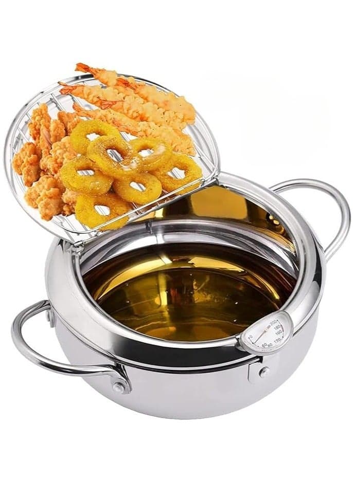Deep Fryer Pot 304 Stainless Steel Tempura Frying Pot With Thermometer And Oil Drip Drainer Rack Lid for Turkey Legs Chicken Wings French Fries