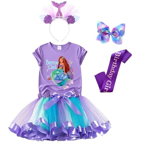 Mermaid Birthday Outfit Set – Shirt, Rainbow Tutu Dress, Satin Sash, Headband – Birthday Gifts for Girls Costume (Mermaid 10, 6 Years)