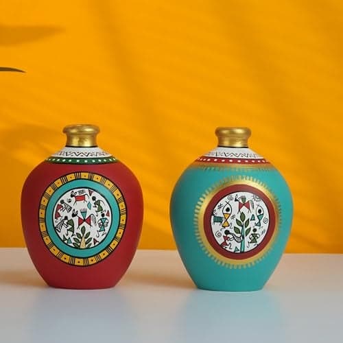 Artysta 'Warli Tribe’ Red and Green Handpainted Terracotta Flower Vases | Terracotta Decorative for Home Decor Earthen Flower Vase Pots for Home & Office (Set of 2)