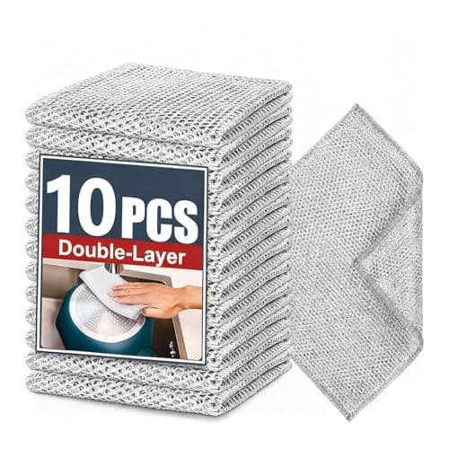 PRINKROOMY Double-Layer Steel Wire Cleaning Cloth - Non-Scratch Wire Dishcloth Rag Heavy Duty Scrub Pads Multi-Purpose Silver Mesh Scouring Pads for Dishes, Pots, Pans (10 pcs)