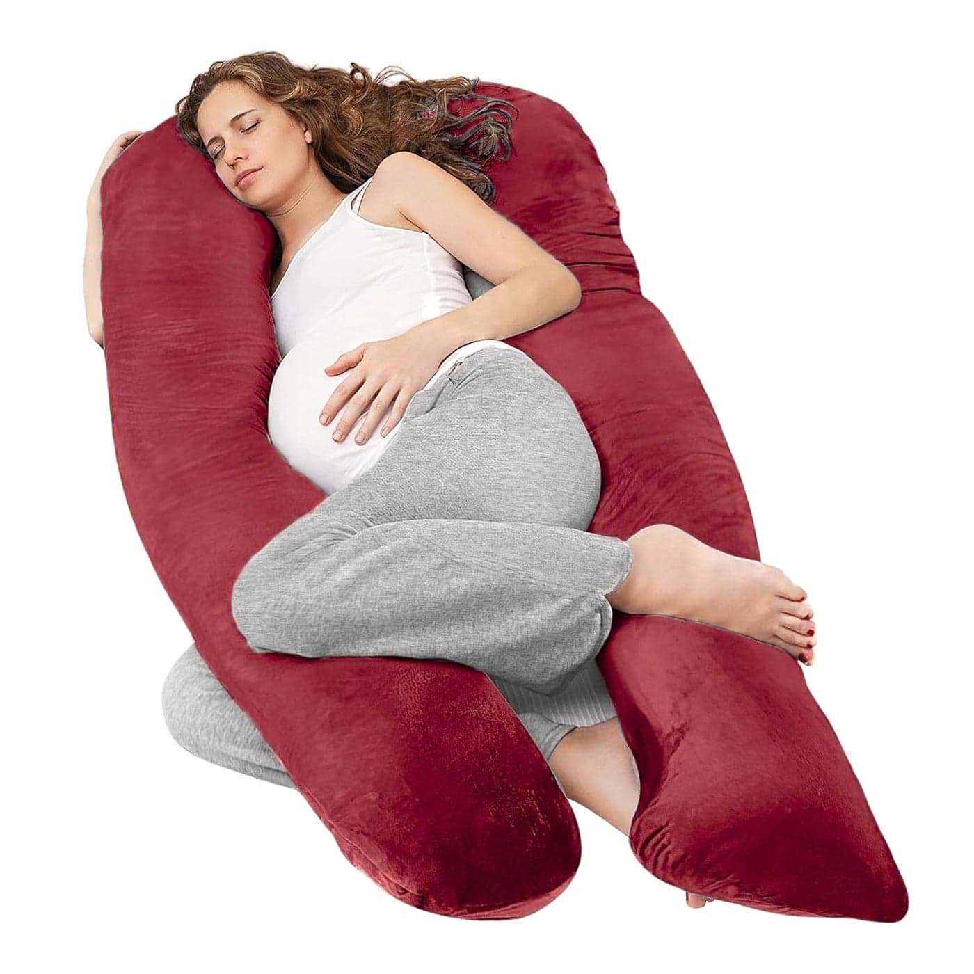 Maatrikaa UShaped Maternity Pillow Pregnancy Postpartum Support for Back Pain Sciatica Breastfeeding Sleep with Soft Velvet Removable Cover Maroon