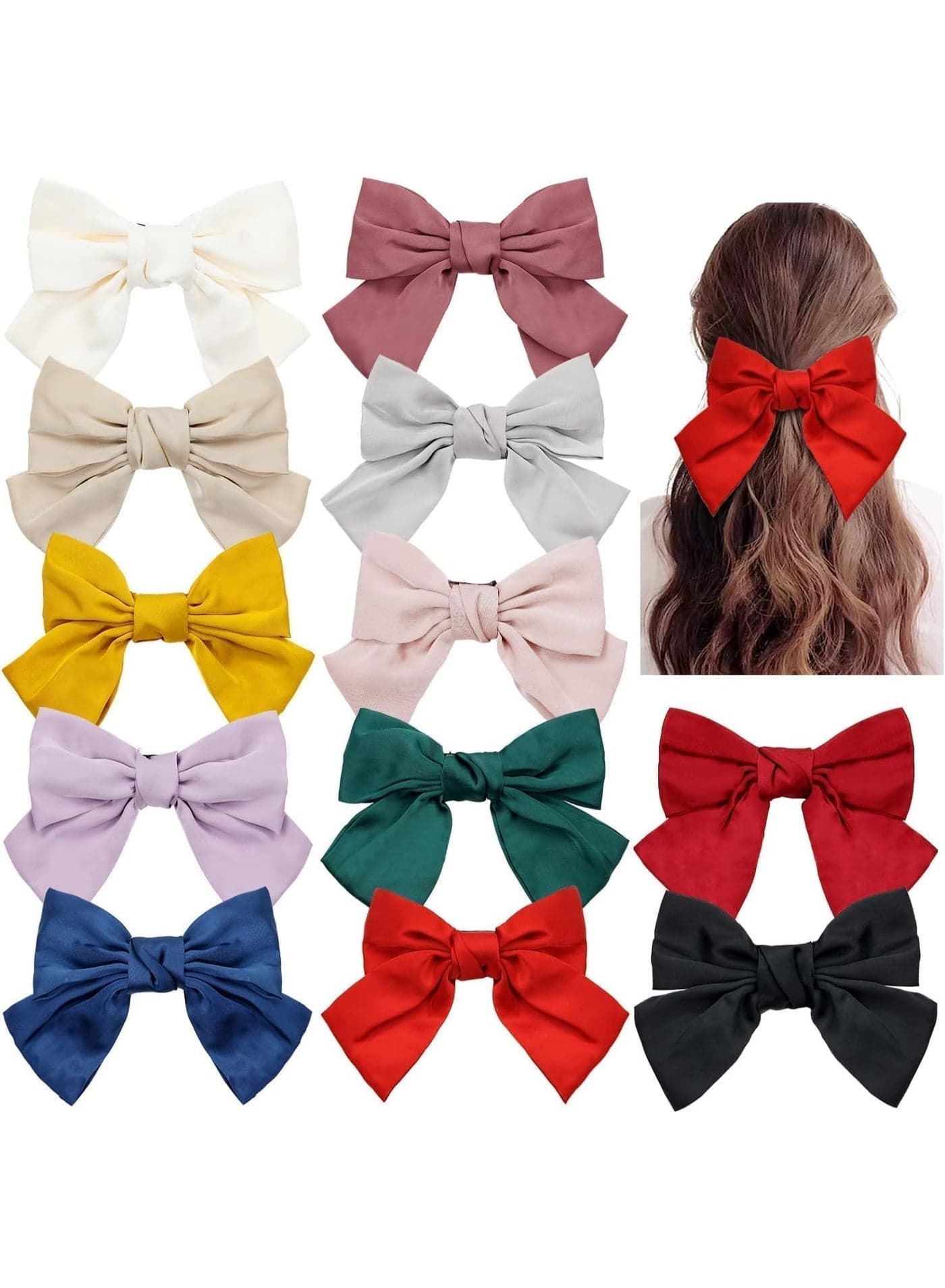 12 Pack 8 Inch Large Big Oversized Knot Bowknot Satin Hair Bows, French Barrettes Hair Clips, Ponytail Holder Hair Bow Ribbon Accessories, for Women Girls Adults