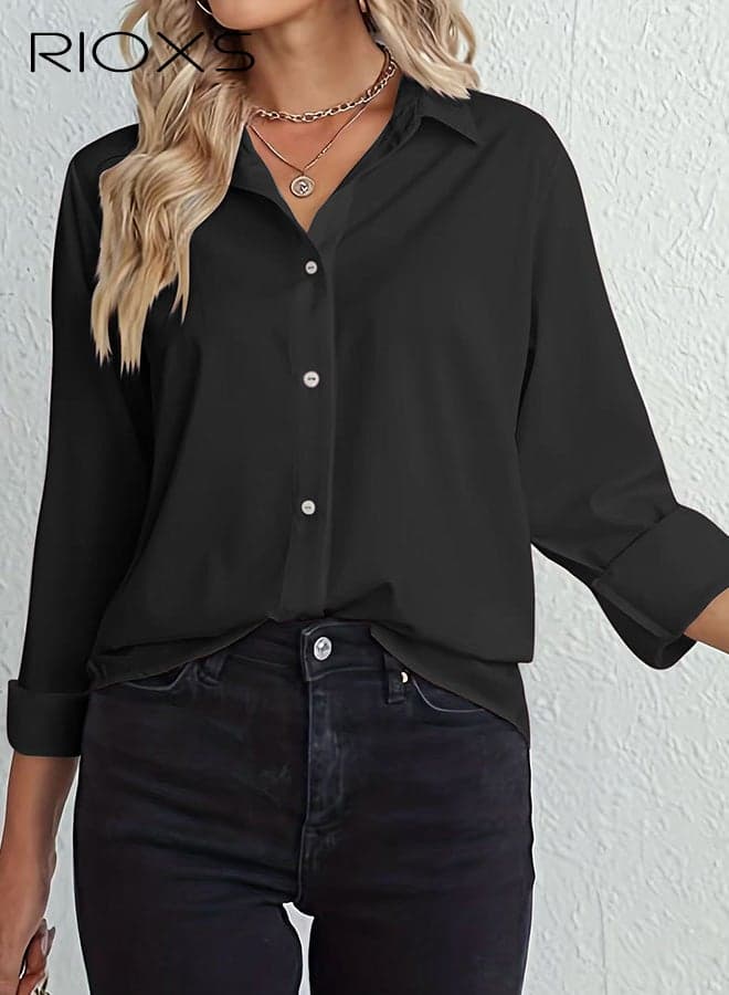 Womens' Button Down Shirt, Classic Long Sleeve Collared Dress Shirt, Relax Fit Business Casual Blouse for Ladies, Basic Wrinkle Free Office Work Tops Comfortable Dressy Shirts for Business Meetings, Casual Daily Wear, Parties, Holidays, and More, Black
