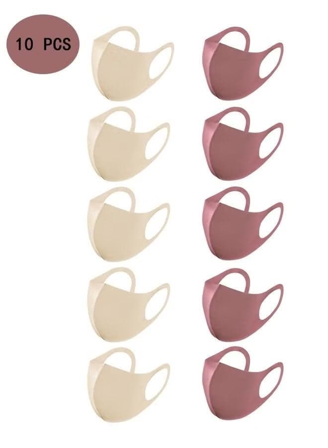 10 Pcs Ice silk Cotton Breathable Mask, Fashion Two-tone Washable Fabric Unisex Summer Face Mask (Bean paste color and beige)