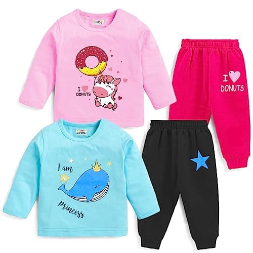 Kuchipoo Baby Girl Regular Fit Cotton Printed T-Shirts and Pyjamas Set (KUC-PSUT-101, 6-12 Months, Multi-Colored)