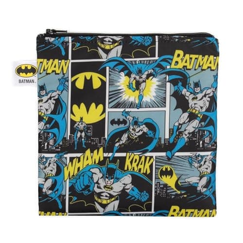 Bumkins Reusable Sandwich and Snack Bags, for Kids School Lunch and for Adults Portion, Washable Fabric, Waterproof Cloth Zip Bag, Travel Pouch, Food-Safe Storage, Large, DC Comics Batman