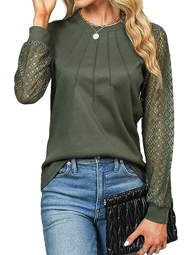 Blooming Jelly Women's Waffle Knit Tops Dressy Business Casual Blouses Elegant Lace Long Sleeve Work Shirts 2025 Fall Clothes (Army Green,Medium)