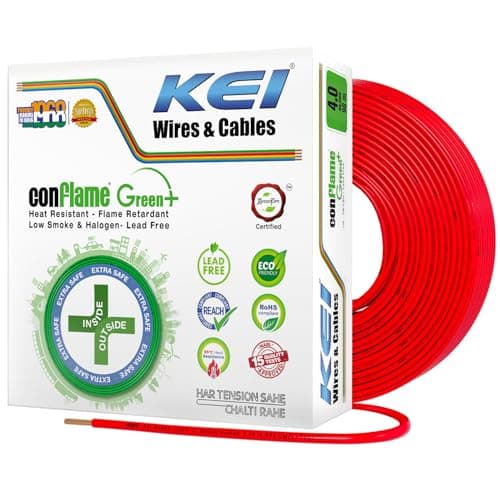 KEI CONFLAME GREEN PLUS 4 sqmm 1 Core Copper Heat Resistant Flame Retardant Low Smoke & Halogen - Lead Free House Wire for Domestic & Industrial Electrical Wiring (Red, 90 Meters)