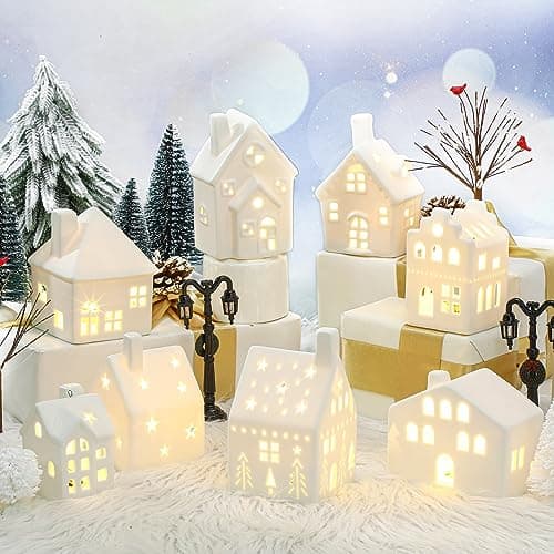 Cindeer 26 Pcs Ceramic Christmas Village Set 8 LED Christmas Village Houses 16 Xmas Trees Farmhouse 2 Lamp Post Scenes Decor White Tabletop Decoration(Classic)