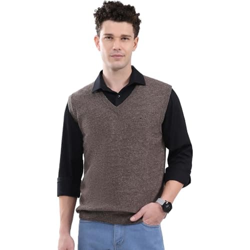 Monte Carlo Men's Regular Fit Pullover | Solid Pattern | Pull On Closure with Sleeveless V Neck Winter Pullover for Men's Brown M (Pack of 1)