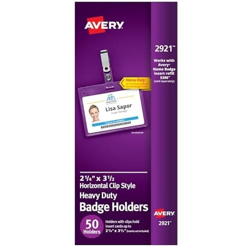 Avery Heavy Duty Badge Holders, 2.25" x 3.5", 50 Horizontal Name Badge Holders with Clips (2921)