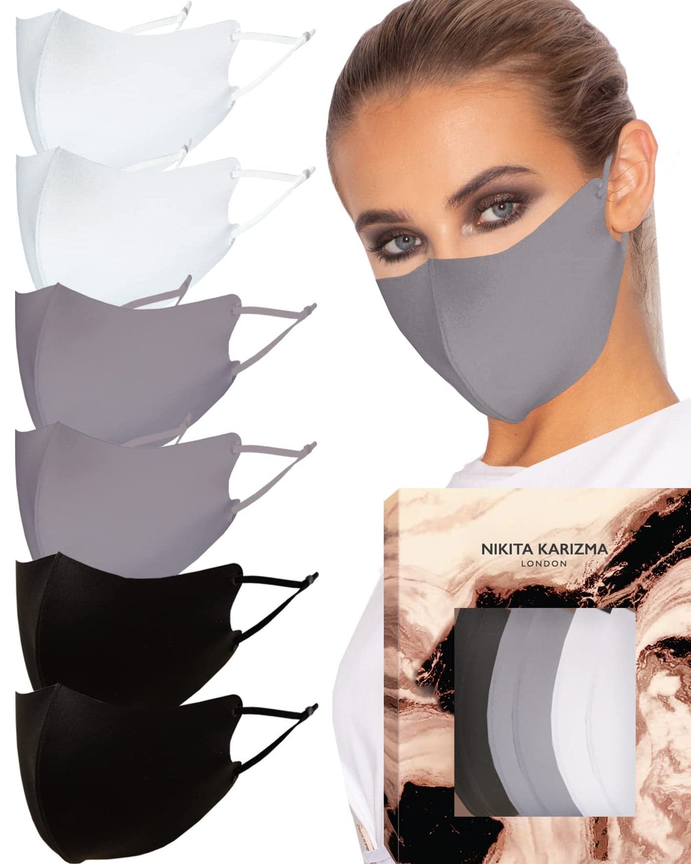 KARIZMA Face Wardrobe Cloth Face Mask. 6 Soft Masks Washable Fabric with Adjustable Ear Loops. ‘Monochrome’ Pack. Face Mask Reusable and Stretchy. Fabric Face Masks 6 Pieces