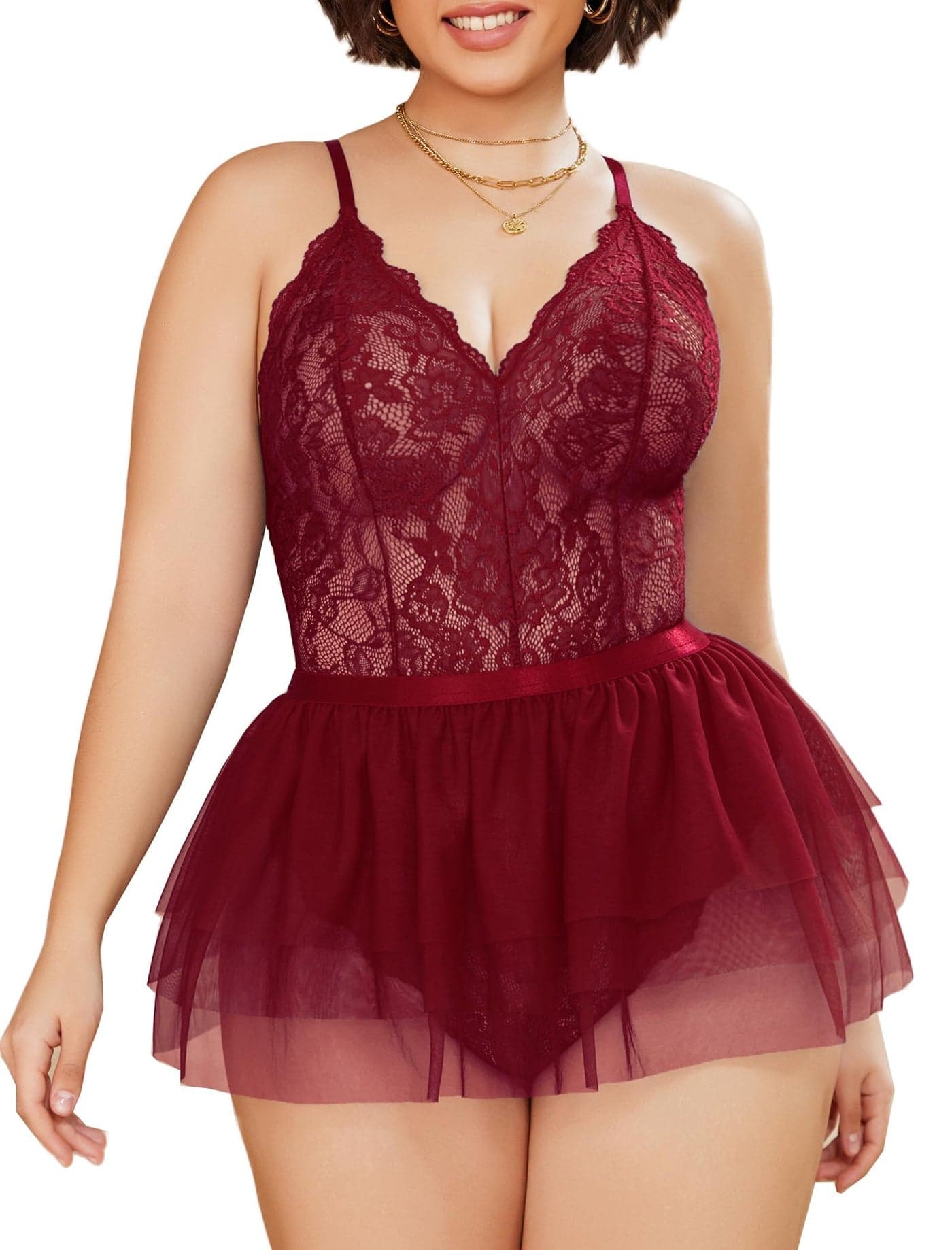 SSoShHub Plus Size Lingerie Womens Lace Teddy Babydoll V Neck Chemise Nighty with Detachable Mesh Mini Skirt Maroon