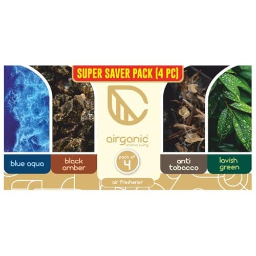 Airganic Aroma Swing - Pack of 4 - Combo: Blue Aqua, Black Amber, Anti Tobacco & Lavish Green Car Perfume | Aroma Essential Oils in Glass Bottle with Wooden Diffuser Lid | Car Accessories 2025