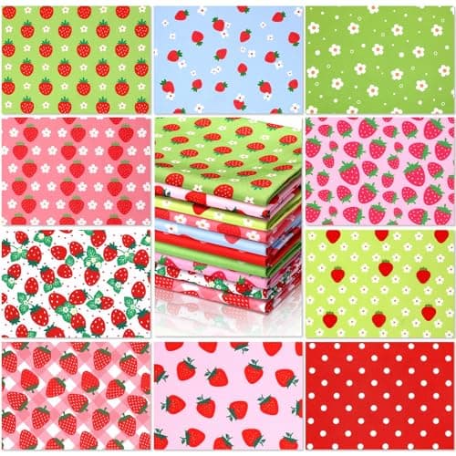 Hahafelt 10 Pcs 18 x 22 Inch Strawberry Fat Quarters Strawberries Quilting Fabric Bundles Raspberry Flower Plaid Polka Dot Precut Printed Quilted Patchwork Squares for Summer DIY Sewing Crafts