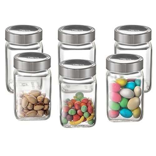 CELLO Qube Fresh Glass Storage Jar with See Through Lid Set of 6, (300 ml x 6), Transparent | Food Grade, Stackable, Easy Storage Jar | Air Tight Kitchen Glass Jar For Cookies Snacks Pulses Dry Fruits