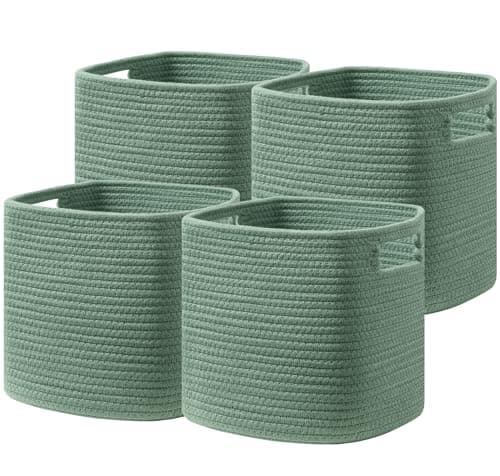 UBBCARE Set of 4 Storage Basket-11 X 10.5 X 10.5 In, Cotton Rope Basket for Shelves, Toys, Book, Cube Storage Bins with Handles, Woven Storage Basket for Organizing, Green