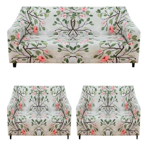 House of Quirk Universal 3 Piece Sofa Covers Couch Slipcover Stretch Elastic Sofa Couch Furniture Protector 1 Three Seater 2 One Seater Sofa Cover (3+1+1 Seater, Leaf Pink Flower)
