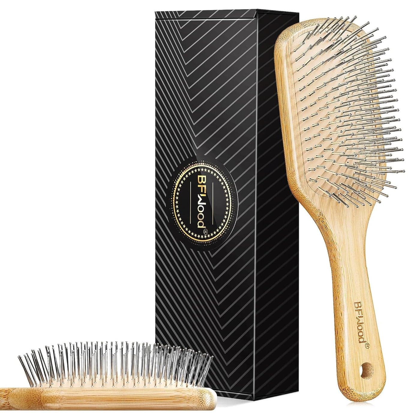 BFWood Bamboo Hair Brush with Steel Bristles Help Hair Growth and Massaging Scalp