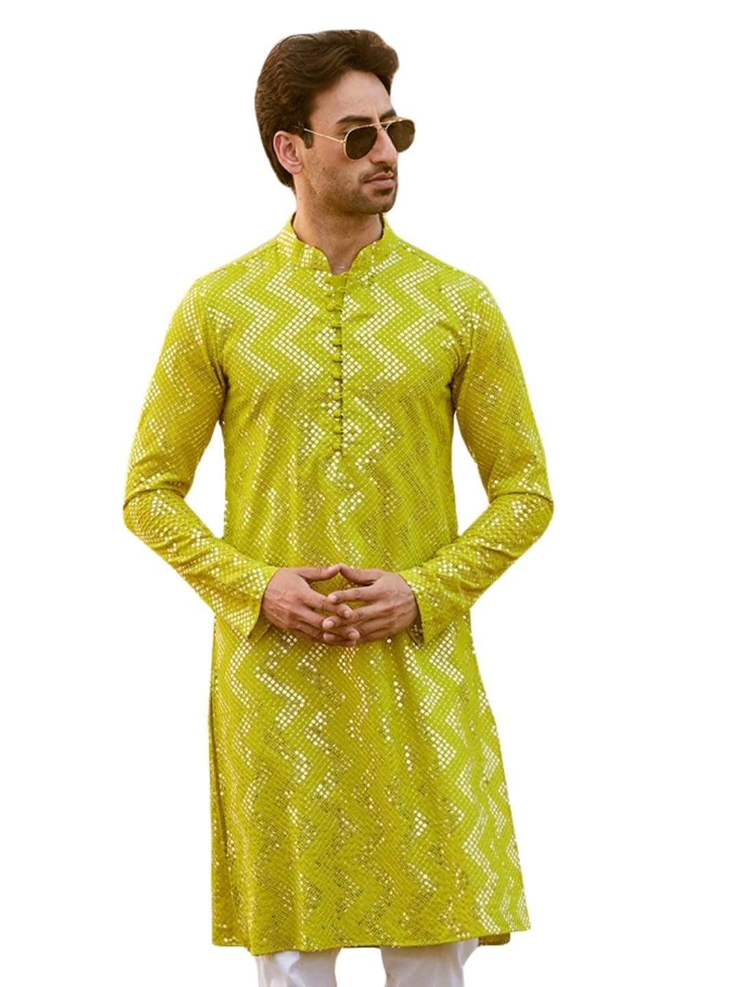 See Designs Men Full Sleeve Lime Green Sequins Woven Designs Mandarin Collar Side Slit Kurta - SDMKT1486M
