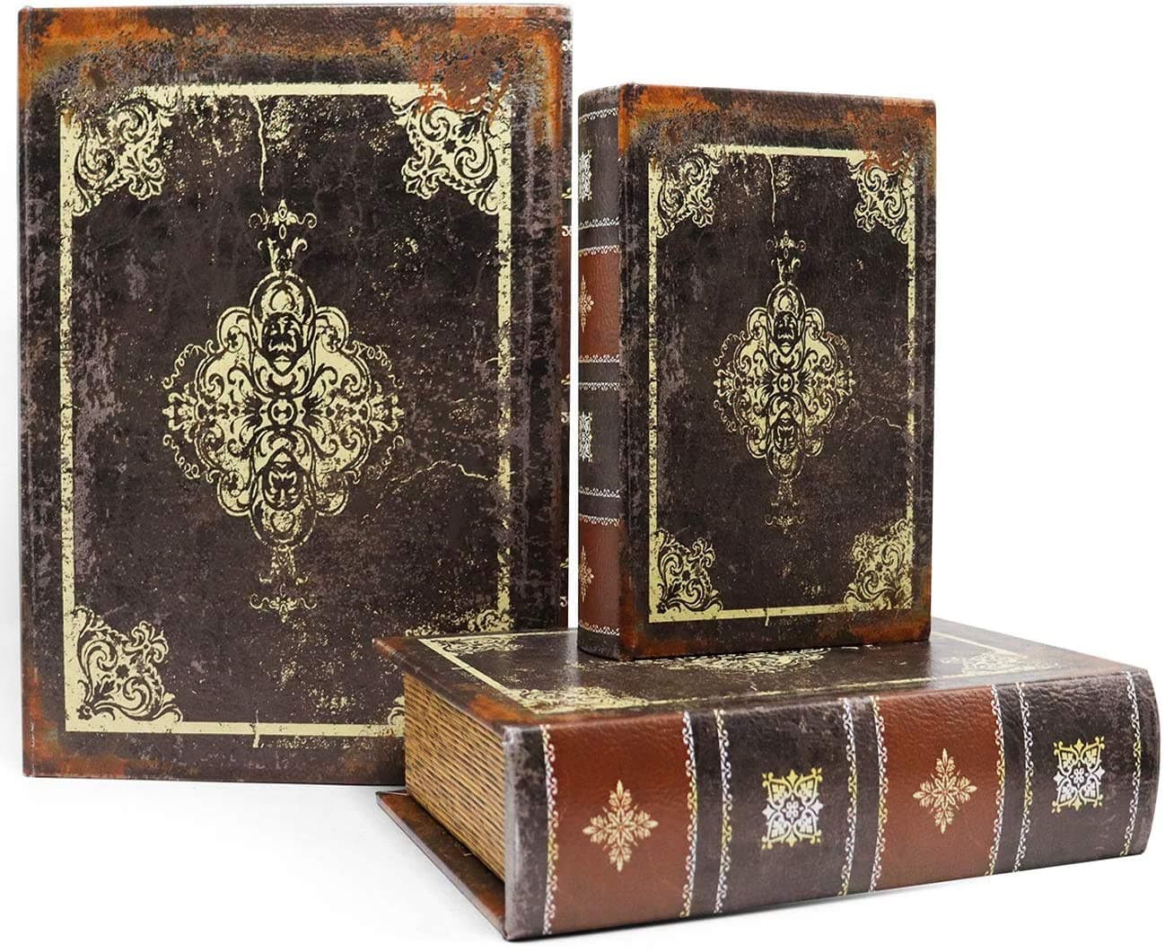 Jolitac Decorative Book Boxes Antique Style Magnetic Cover Wooden storage box Set of 3Dark Vintage