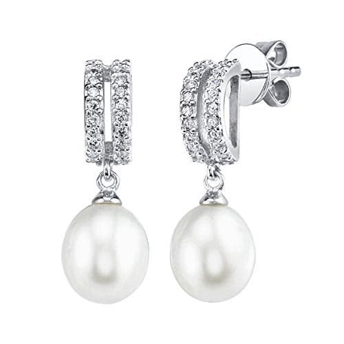THE PEARL SOURCE 8-9mm Genuine White Freshwater Cultured Pearl & Cubic Zirconia Blake Earrings for Women
